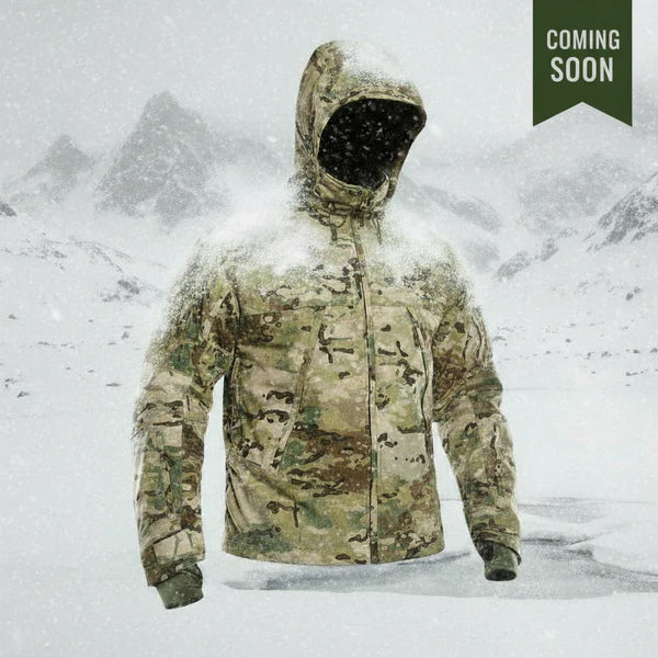 Camouflage jacket in a snowy mountain setting with 'Coming Soon' text.