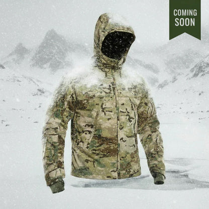 Camouflage jacket in a snowy mountain setting with 'Coming Soon' text.