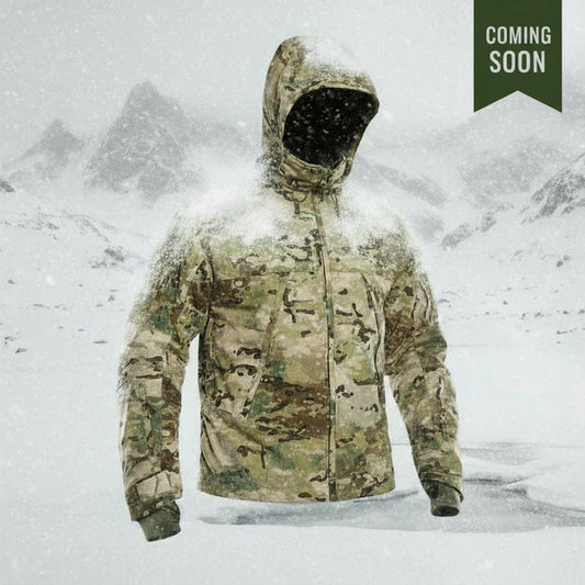 Camouflage jacket in a snowy mountain setting with 'Coming Soon' text.